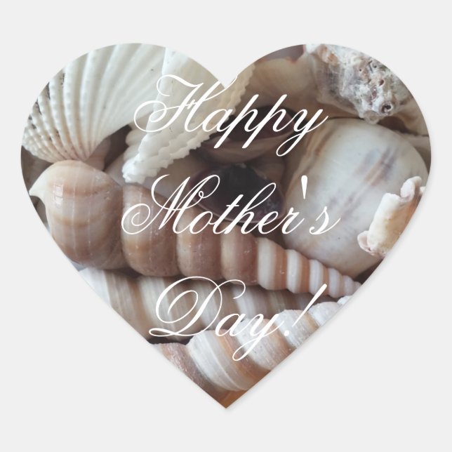 Happy Mother's Day Elegant Sea Shells Beach Theme Heart Sticker (Front)