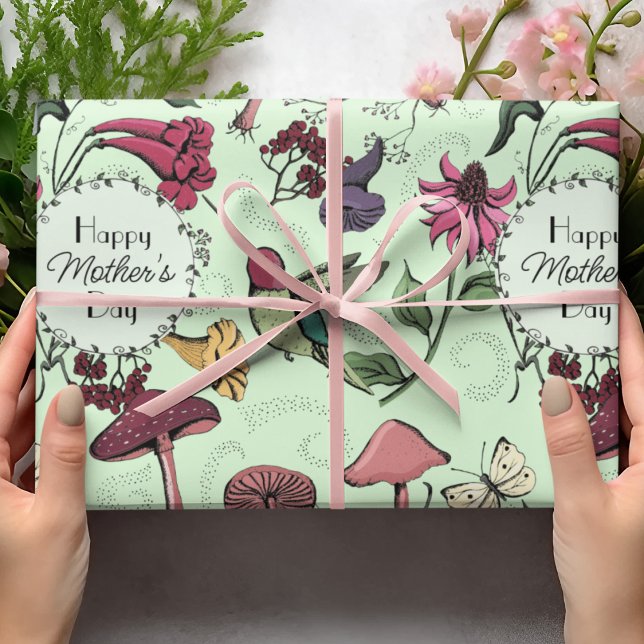 Happy Mothers Day Enchanted Spring Garden Green Wrapping Paper (Beautiful Enchanted Garden Floral Mother's Day Wrapping Paper: hummingbird, mushroom, wildfowers...)