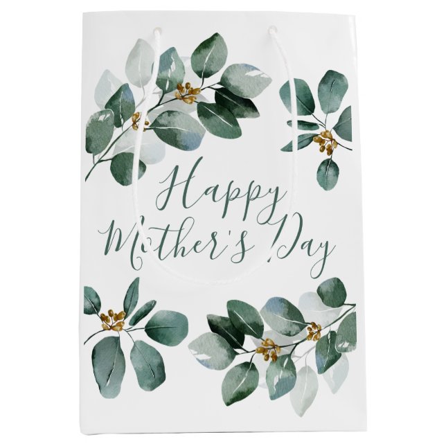 Happy Mother's Day Eucalyptus Watercolor Foliage Medium Gift Bag (Front)