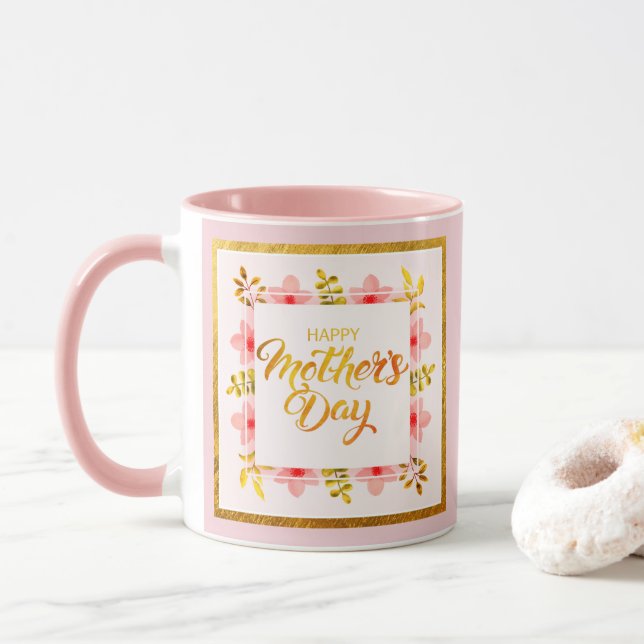Happy Mother's Day Floral, Elegant Pink & Gold  Mug (With Donut)