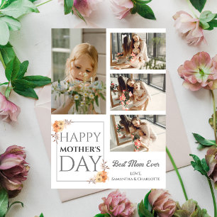 Happy Mothers Day Floral Elegant Script 4 Photo Holiday Card