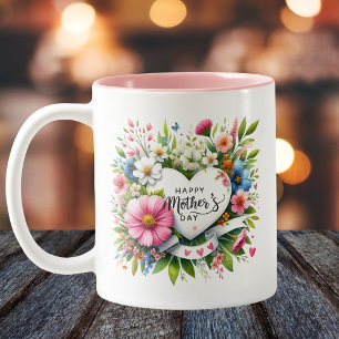 Happy Mothers Day Floral Heart  Two-Tone Coffee Mug