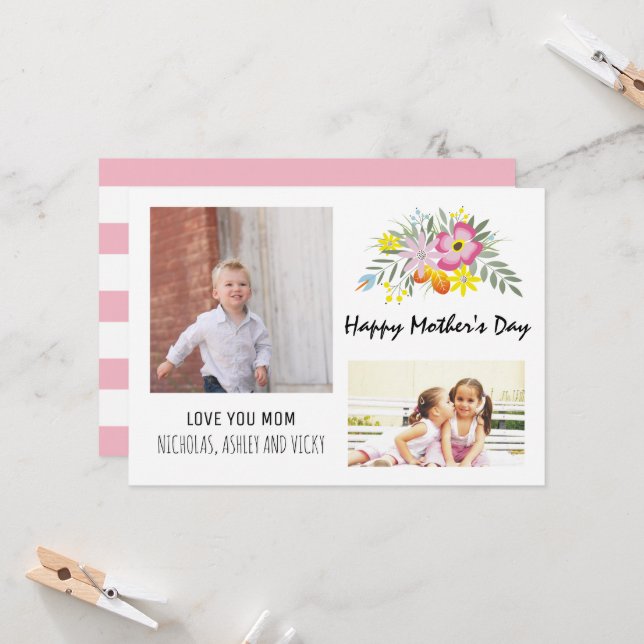 Happy Mother's Day floral pink modern photo Card (Front/Back In Situ)