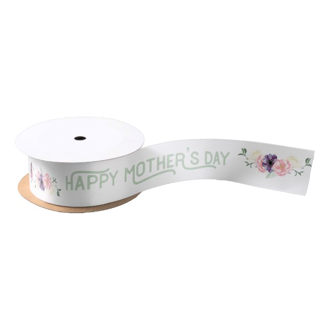 Happy Mothers Day - Flower Garlands on White Satin Ribbon (Spool)