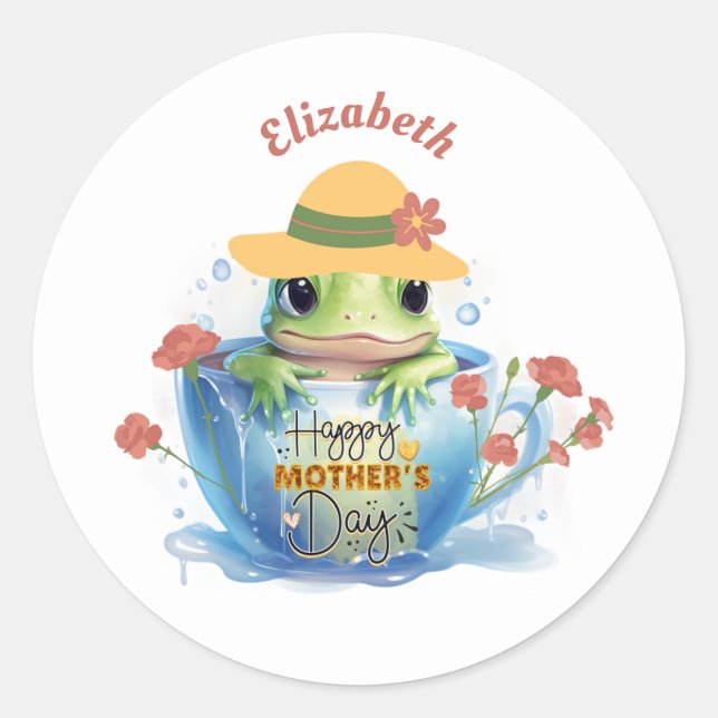 Happy Mother's Day Frog and Hat in a Teacup Classic Round Sticker (Front)