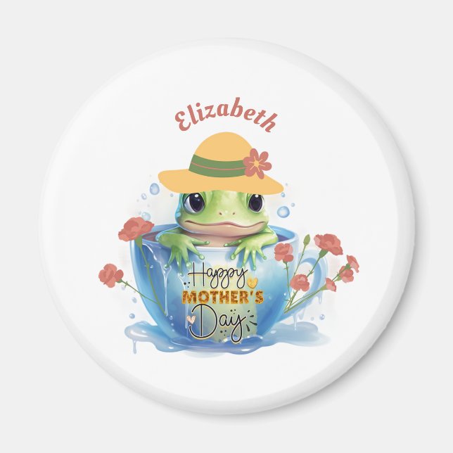 Happy Mother's Day Frog and Hat in a Teacup Magnet (Front)