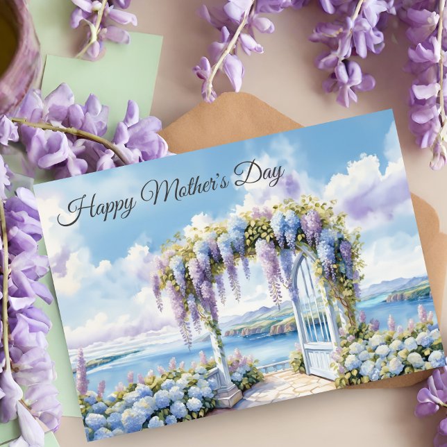 Happy Mother's Day Garden Of Wisteria Watercolor  Card (A lovely card for a Mom who loves flowers, enchanting gardens and the seaside. )