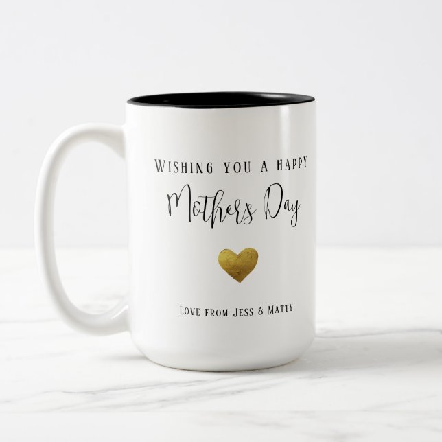 Happy Mother's Day Gold Heart, black typography  Two-Tone Coffee Mug (Left)