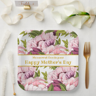 Happy Mother's Day Gold Name Pink Peony Floral Paper Plate