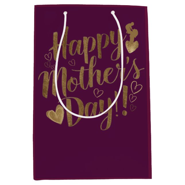 Happy Mother's Day Gold Script Heart Medium Gift Bag (Front)