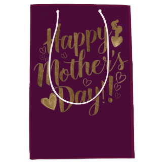 Happy Mother's Day Gold Script Hearts on Burgundy Medium Gift Bag