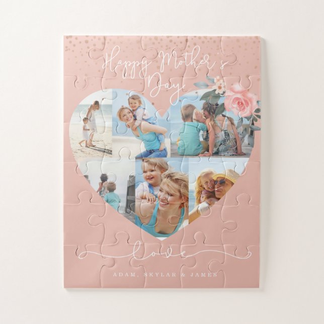 Happy Mother's Day Heart Floral Photo Collage Pink Jigsaw Puzzle (Vertical)