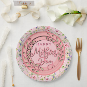 Happy Mother's Day I Watercolor Floral Pink Paper Plate