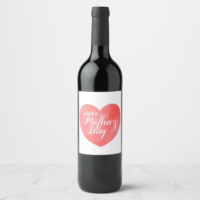 Happy mother's day in pink heart, mum love wine label (Front)