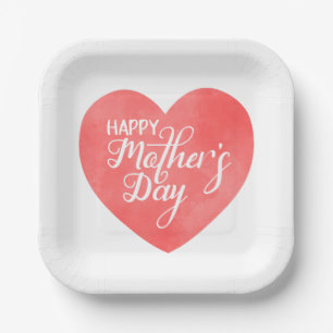 Happy mother's day in pink heart, watercolor heart paper plate