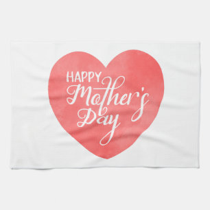 Happy mother's day in pink heart, watercolor heart tea towel