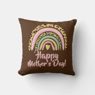 Happy Mothers Day Leopard Print Pink Rainbow Heart Cushion