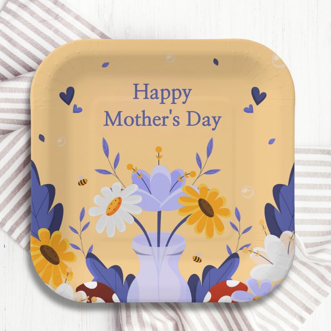 Happy Mother's Day Modern Flowers Floral Botanical Paper Plate (Creator Uploaded)