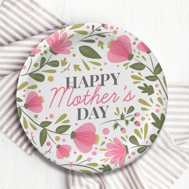 Happy Mother's Day Modern Pink Floral Botanical Paper Plate (Creator Uploaded)