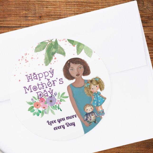 HAPPY MOTHER'S DAY | Mother & kids Classic Round Sticker ( HAPPY MOTHER'S DAY _ Mother & kids Classic Round Sticker)