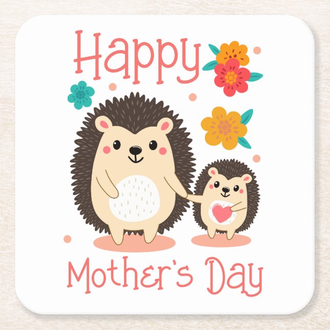 Happy Mother's Day Mum And Baby Hedgehog  Square Paper Coaster (Front)