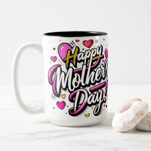Happy Mother's Day Neon Pink Hearts - Modern Fun B Two-Tone Coffee Mug