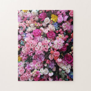Happy Mother's Day or Your Text Pink Roses Flowers Jigsaw Puzzle