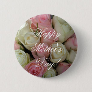 Happy Mother's Day or Your Text Roses Pink White 6 Cm Round Badge