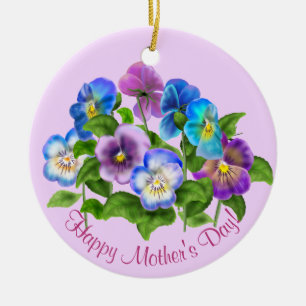 Happy Mother's Day Pansy Violet Flowers Watercolor Ceramic Ornament