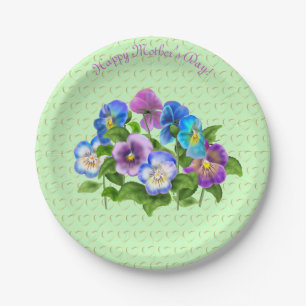 Happy Mother's Day Pansy Violet Flowers Watercolor Paper Plate