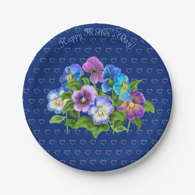Happy Mother's Day Pansy Violet Flowers Watercolor Paper Plate (Front)