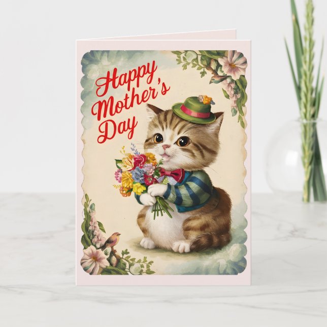 Happy Mother's Day Personalised Cute Vintage Cat Card (Front)