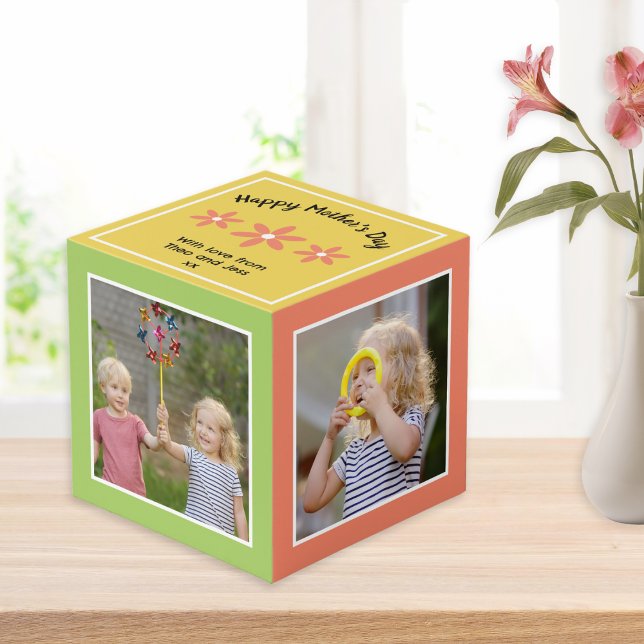 Happy Mother's Day Personalised Pretty Multi Photo Cube (Create your own custom photo block for Mother's Day, with four photos and your personalized message)