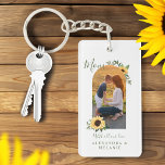 Happy Mother's Day Photo Arch Watercolor Sunflower Key Ring<br><div class="desc">An elegant and rustic mother's day gift. Design features our hand-drawn yellow watercolor sunflower florals and greenery that frame the photo arch. Customise with your names. The reverse side features a complementing yellow watercolor sunflower pattern. This beautiful rustic sunflower and photo mother's day keychain is the perfect gift to give...</div>