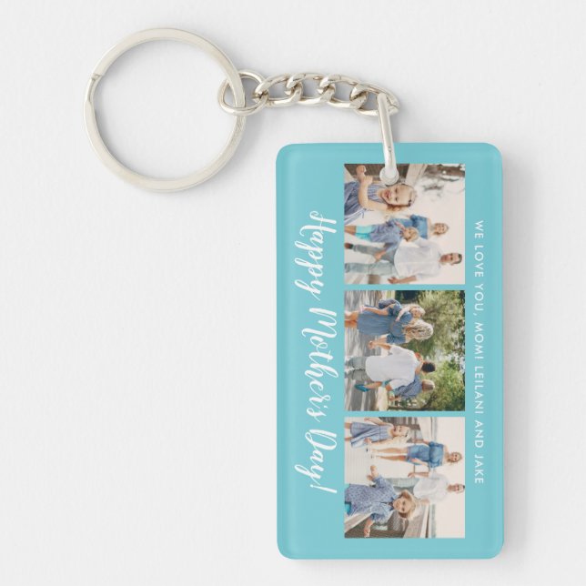Happy Mother's Day Photo Collage Custom Aqua Blue Key Ring (Front)