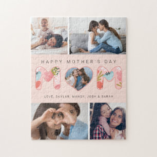 Happy Mother's Day Photo Collage & Floral Pattern Jigsaw Puzzle