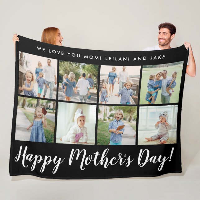 Happy Mother's Day Photo Collage Message Black Fleece Blanket (In Situ)