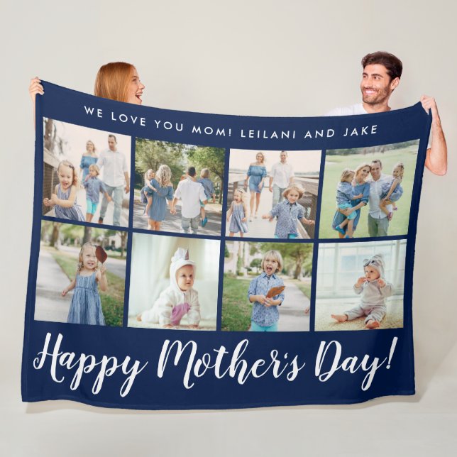 Happy Mother's Day Photo Collage Message Navy Blue Fleece Blanket (In Situ)