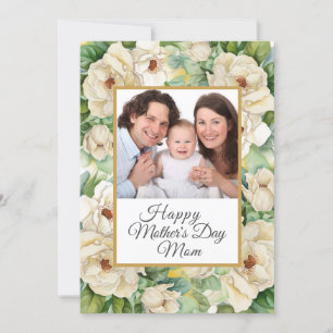 Happy Mother's Day Photo Floral Gold Name Script Holiday Card