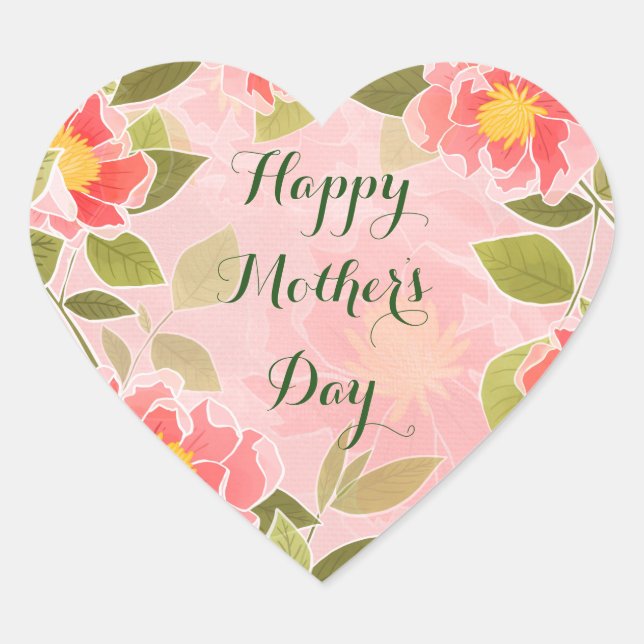 Happy Mother's Day, pink floral design, Heart Sticker (Front)