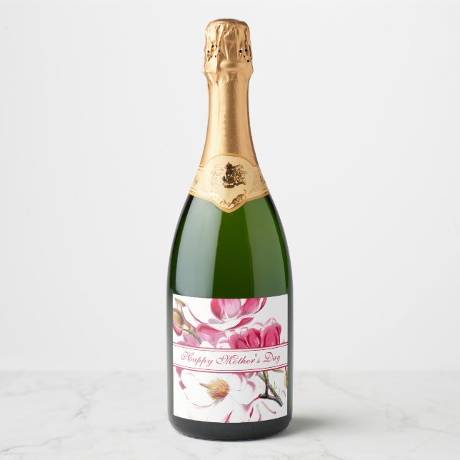 Happy Mother's Day Pink Floral script Sparkling Wine Label (Front)