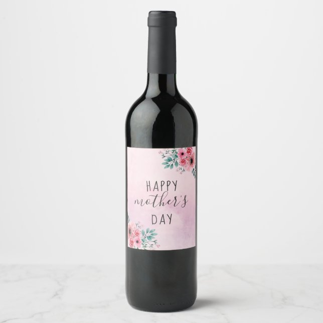 Happy Mother's Day Pink Floral Watercolor Wine Label (Front)
