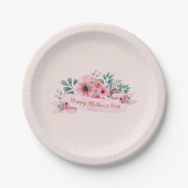 Happy Mother's Day Pink Floral Watercolour Paper Plate (Front)