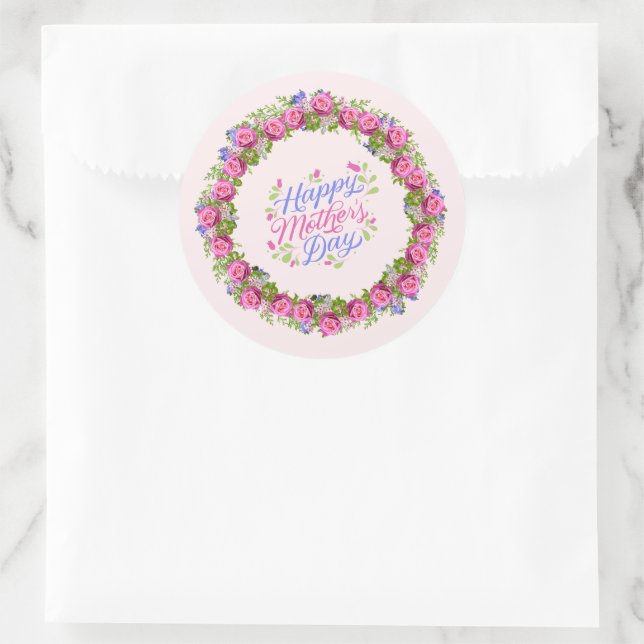 Happy Mothers Day Pink Floral Wreath Classic Round Sticker (Bag)