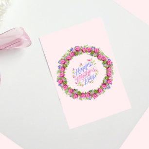 Happy Mothers Day Pink Floral Wreath Holiday Card