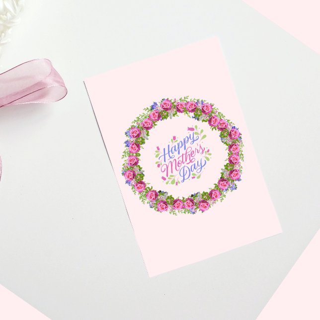 Happy Mothers Day Pink Floral Wreath Holiday Card (Creator Uploaded)