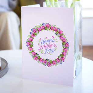 Happy Mothers Day Pink Floral Wreath Holiday Card