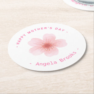 Happy Mother's day pink flower white Round Paper Coaster