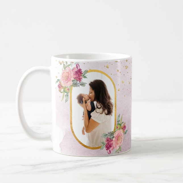 Happy Mother's Day Pink-Gold Floral Photo Frame Coffee Mug (Left)