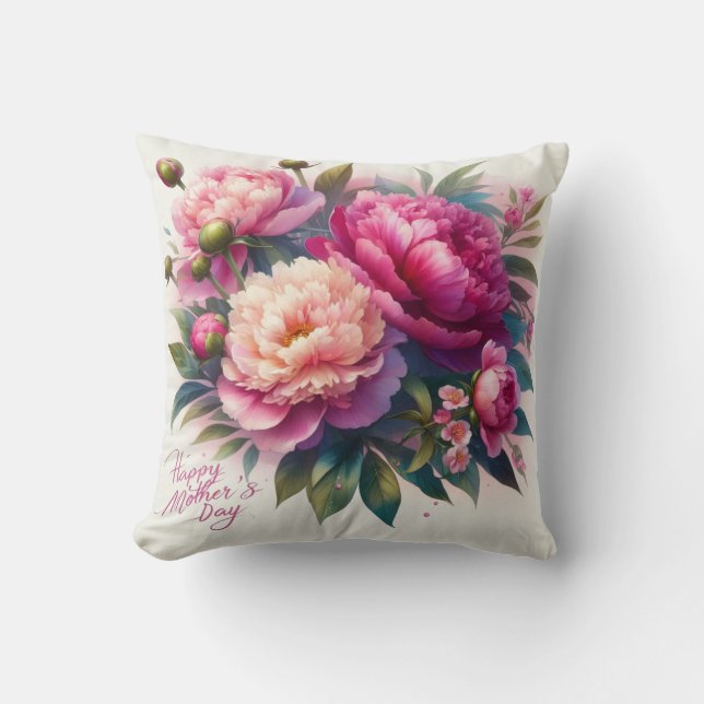 Happy Mother's Day Pink Peony Throw Pillow (Front)